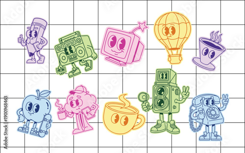 Neon retro cartoon mascots, pastel outlines anthropomorphic objects