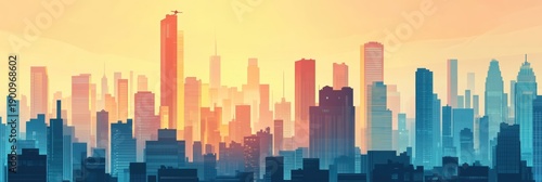 Drone view of downtown skyscrapers at sunrise with a minimalist approach in 8K resolution