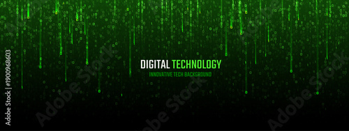 Futuristic binary streams cascade through dark interface with glowing digits, creating cyberpunk aesthetic for software development and electronic data visualization artwork.