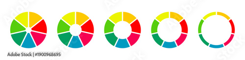 Pies segmented on 7 equal parts. Donut charts. Wheels divided in seven sections. Diagrams infographic multicolored. Pizza chart round icons layout. Circle section graph. Set of loading bar mockups.