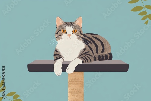 Graphic layout for vet visit or grooming session with cat on a scratching post in simple design