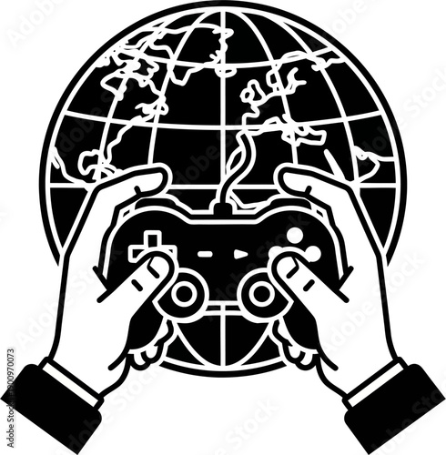 Hands Holding Game Controller Globally Connected.