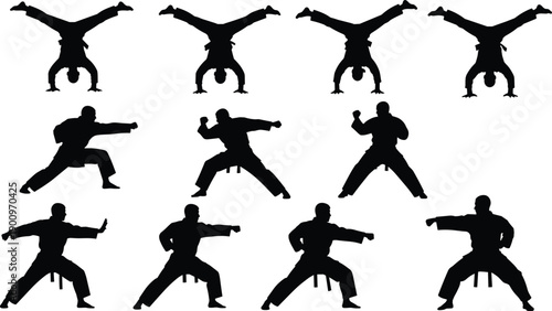 Black Silhouette Vector Set of Martial Arts Athletes Performing Karate Poses Including Handstands Punches and Defensive Stances Isolated on White Background