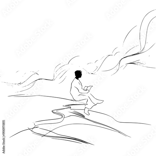 Man Sitting on Cliff Reading Book in Minimalist Line Art Style