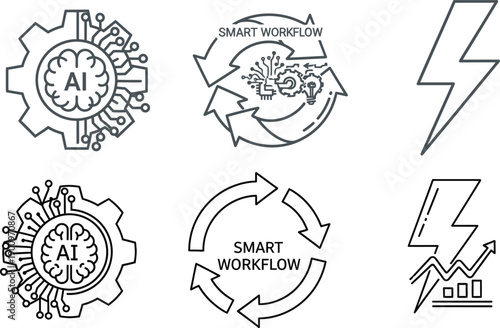 Modern line art vector icons for artificial intelligence, smart workflow automation, business process optimization, and technological growth concepts