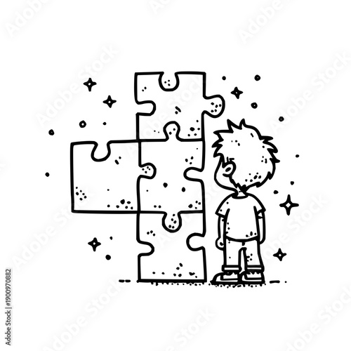 Sad Boy Looking at Large Jigsaw Puzzle Pieces on White Background