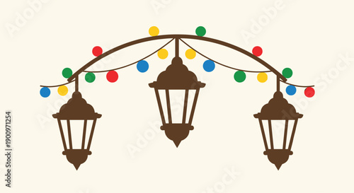 Festive arrangement of three traditional lanterns suspended from an arched string, adorned with vibrant red, yellow, green, and blue circular lights, creating a joyful ambiance.