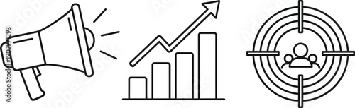 Strategic business communication and growth success concepts illustrated with marketing megaphone, increasing chart, and audience target icons for effective campaigns