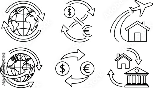 Set of vector icons representing global finance, currency exchange, and travel to a new home or destination, with a focus on international movement and transactions