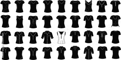 Large Vector Set of Women Fashion Tops and Blouses Featuring Various Necklines Sleeves and Styles for Apparel Design and Retail Display