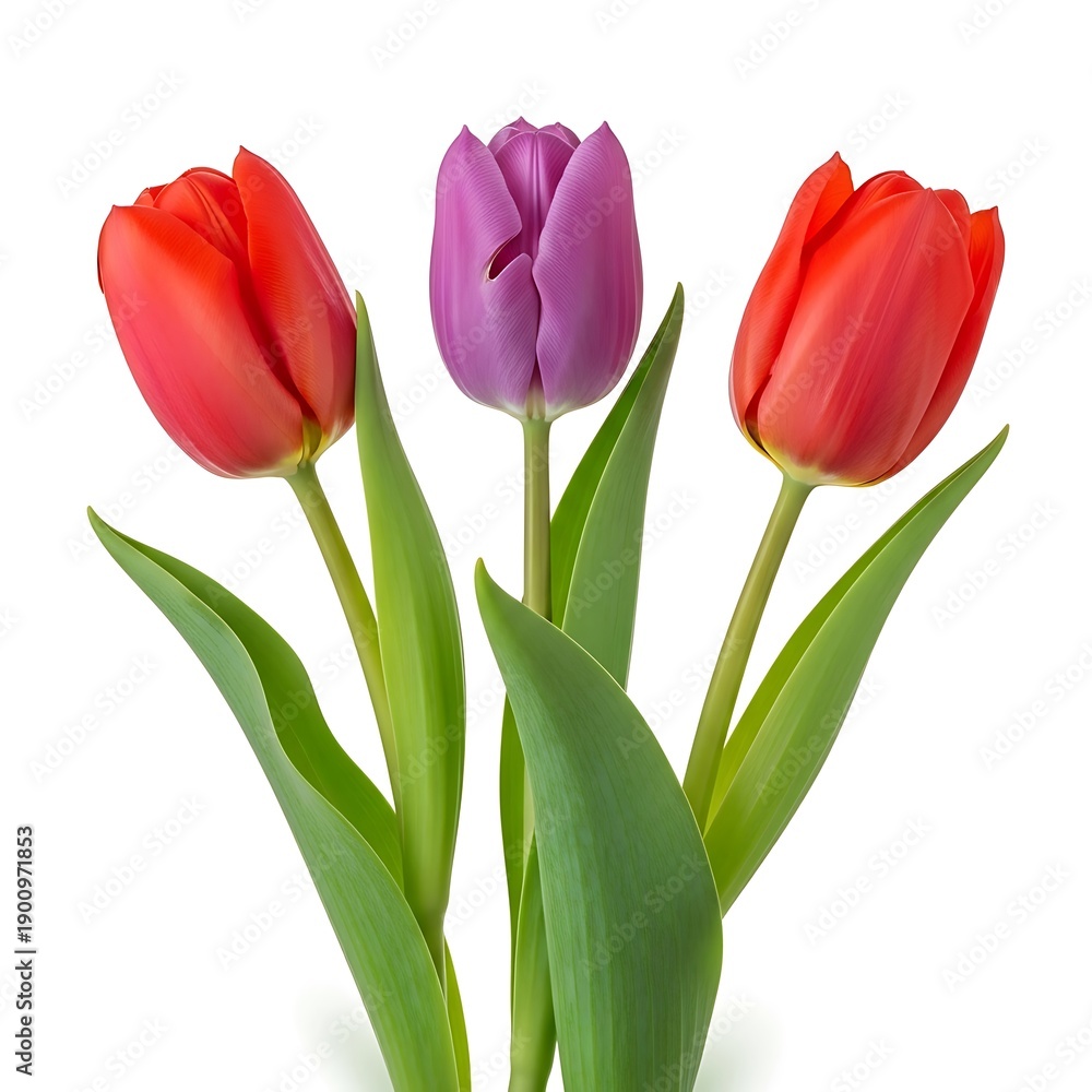 Obraz premium A bouquet of tulips in red and purple hues isolated on white background
