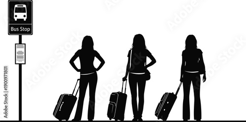 Black Silhouette Vector Set of Women Travelers with Suitcases Waiting at a Bus Stop Station Isolated on White Background