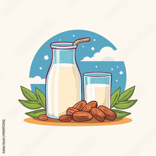 A charming illustration of almond milk in a bottle and glass, accompanied by whole almonds and fresh green leaves, set against a soft blue background.