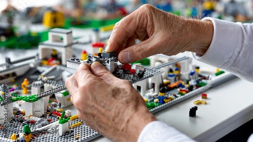 Building a LEGO model with detailed focus on construction techniques in a creative workspace during daylight hours