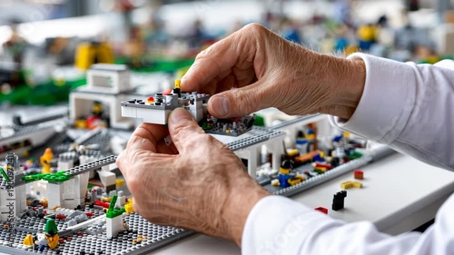 Building a model using LEGO bricks in a bright room with various pieces and figures scattered on the table