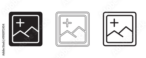 Image Icons: A set of minimalistic picture icons showcasing a plus sign over an image of mountains, ideal for a variety of digital and design uses.