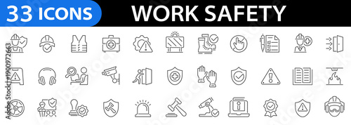 Work safety 33 icon set. Safety first, risk management, hard hat, insurance, first aid kit, ear protection, workplace security and more.  Editable stroke. Vector illustration 
