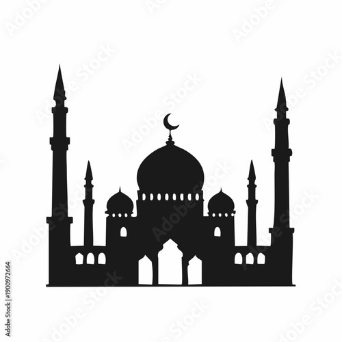 Black silhouette of a mosque with multiple domes and tall minarets, featuring a crescent moon on the main dome, against a white background.