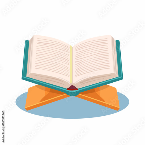 An open book with a teal cover resting on a traditional wooden book stand, displaying pages with text.