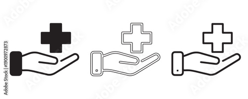 Healthcare and Aid Symbol: An icon depicts a hand cradling a cross symbol, representing healthcare, assistance, and support. This image is available in multiple styles: solid, outlined.