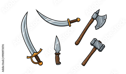 Medieval Fantasy Weapon Cartoon Icons – Swords, Knives, Axe, Hammer Vector