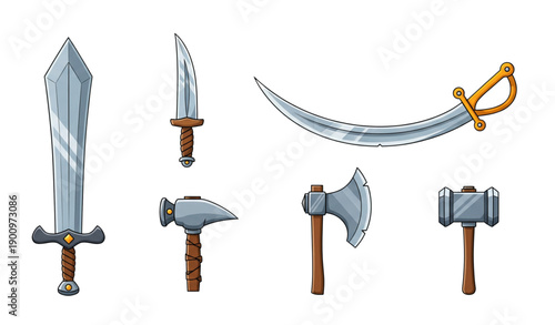 Medieval Cartoon Weapon Vector Set – Sword, Knife, Sabre, Axe, Hammer Icons