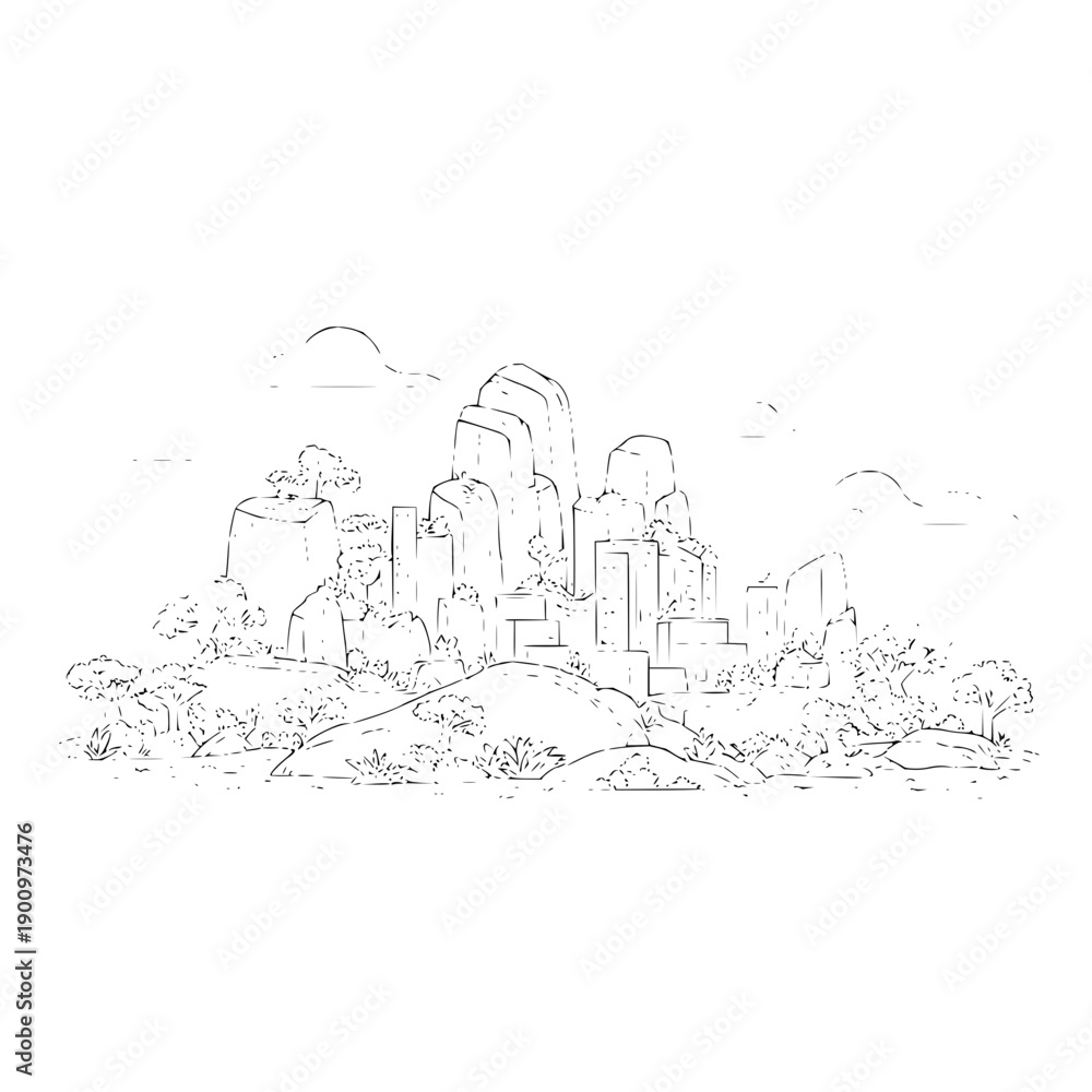 Fototapeta premium Cityscape Skyline with Trees and Clouds in Black and White Line Art