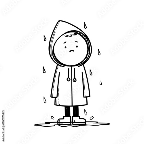 Sad Child Wearing Hooded Raincoat Standing in Rain