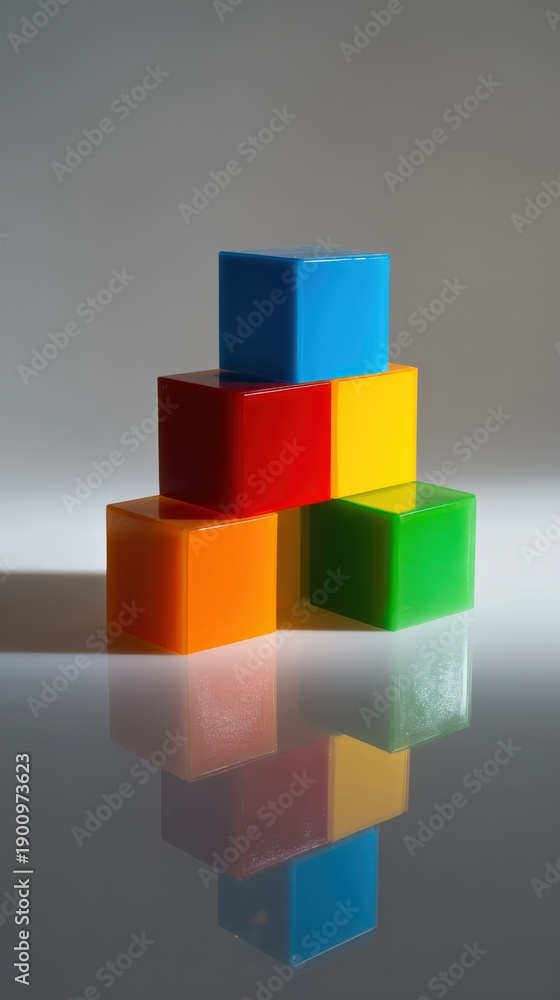Obraz premium Colorful stacking blocks on a reflective surface in a creative arrangement
