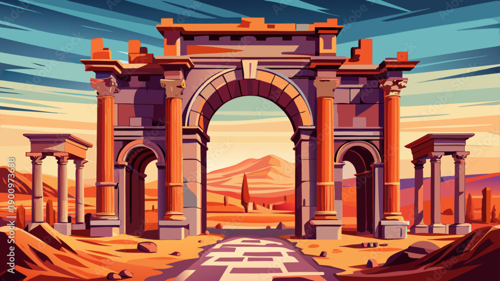 Fototapeta premium Very beautiful close view of Trajan’s Arch within the ruins of Timgad, highlighting Roman architectural symmetry and the enduring legacy of ancient Algeria.