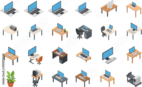 isometric office workspace set, computer desk collection, laptop workstation icons, modern workplace equipment, office furniture illustration, technology setup