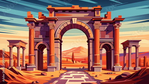 Very beautiful close view of Trajan’s Arch within the ruins of Timgad, highlighting Roman architectural symmetry and the enduring legacy of ancient Algeria.