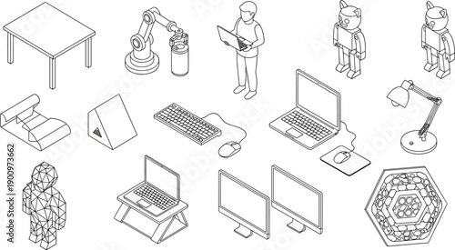 isometric outline technology set, office furniture and gadgets, robot arm, laptop computer, desk objects, line art illustration collection