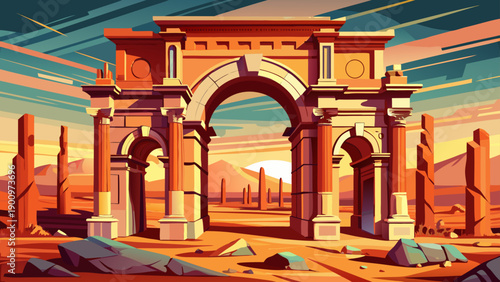 Very beautiful close view of Trajan’s Arch within the ruins of Timgad, highlighting Roman architectural symmetry and the enduring legacy of ancient Algeria.