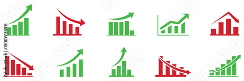 Green growth and Red decrease icon set. Statistic growth icons set. Green-red Graph and Chart Icons. Vector illustration.