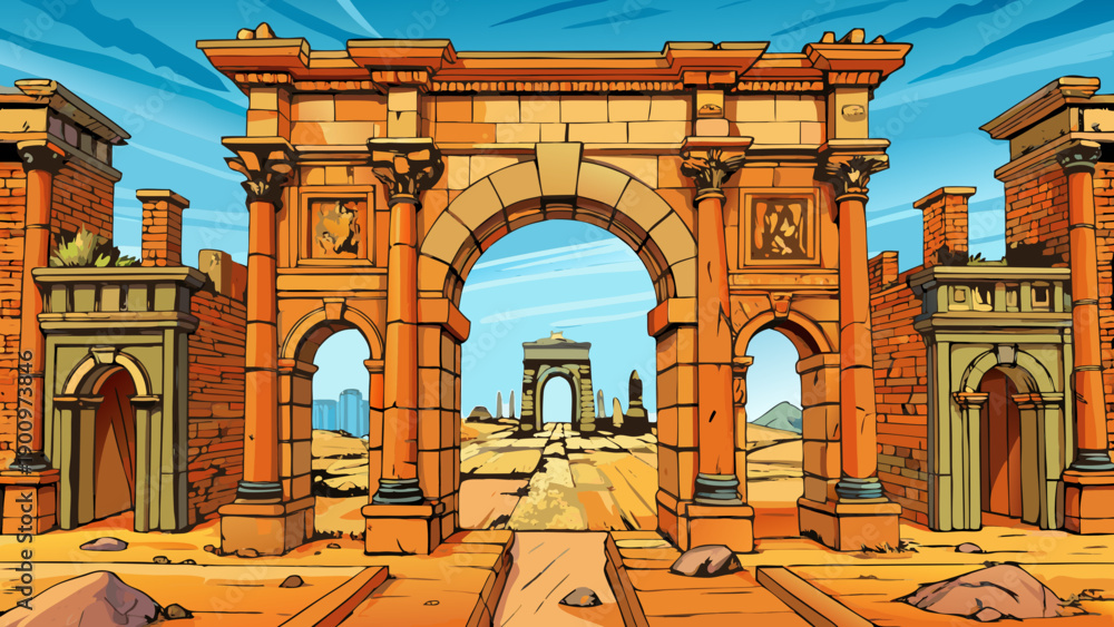 Obraz premium Very beautiful close view of Trajan’s Arch within the ruins of Timgad, highlighting Roman architectural symmetry and the enduring legacy of ancient Algeria.