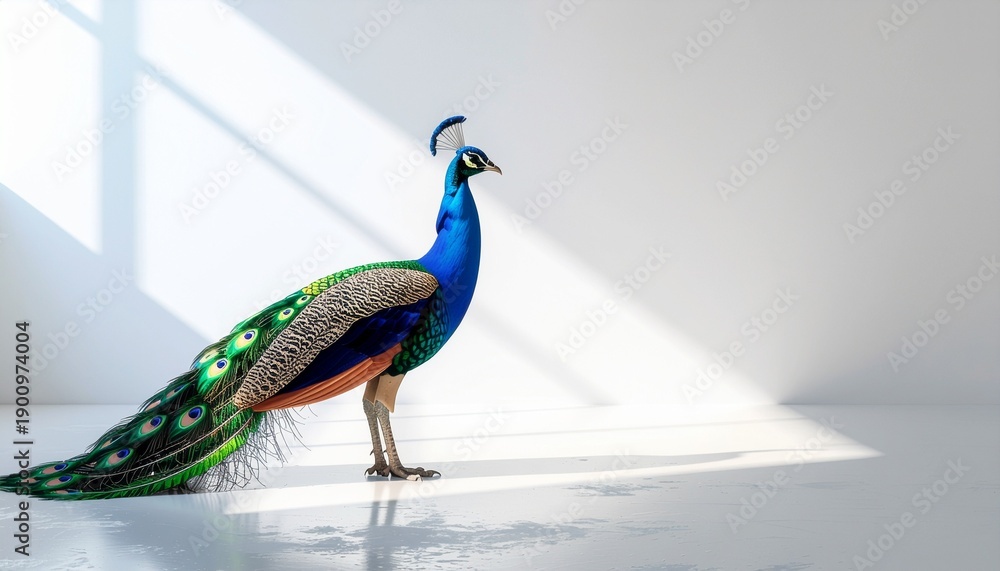 Fototapeta premium Elegant peacock with vibrant blue and green iridescent plumage stands gracefully on a pristine white floor, bathed in natural light, showcasing its majestic beauty and regal form