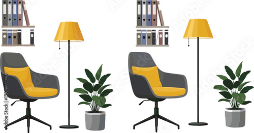 Modern office corner interior set, armchair floor lamp bookshelf and plants, cozy workspace decor vector illustration collection