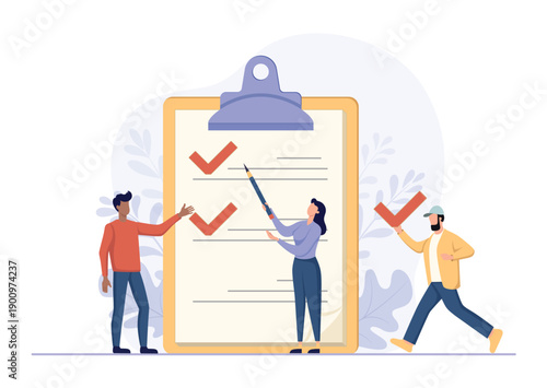 Checklist clipboard teamwork. People marking completed tasks with check marks. Report with completed jobs and reminder about future tasks vector illustration