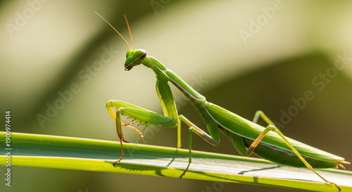 Photography Close-Up of a Green Praying Mantis (Tenodera sinensis) on a Leaf – Macro Nature Photography with Shallow Depth of Field and Soft Natural Lighting