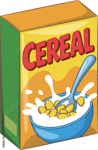 Colorful cartoon cereal box and bowl with milk splash, breakfast food illustration. isolated on transparent background
