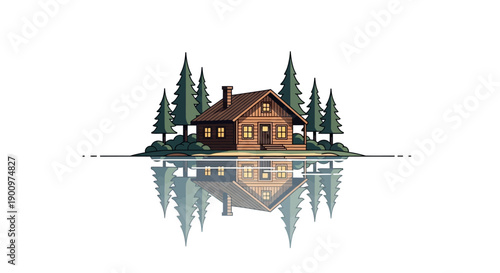 Cabin on a lake shore scene.