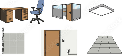 Office interior elements set, desk chair cubicle door ceiling light wall panels and floor tiles, vector workspace components