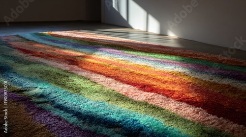 Colorful striped area rug with textured patterns and natural light