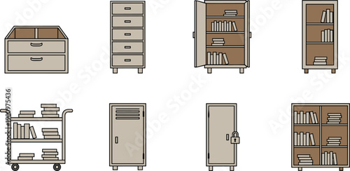 Storage cabinets and bookcases collection, drawers lockers shelves trolley organizer furniture vector illustration set for home office interior