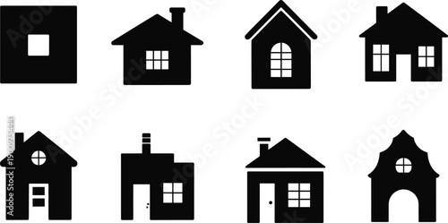 Set of black house silhouette icons featuring various residential building styles home shapes and real estate symbols for architectural design and property marketing projects