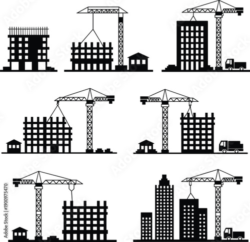 Set of black construction site silhouettes featuring tower cranes building skyscrapers and industrial machinery icons for urban development and civil engineering projects isolated on white