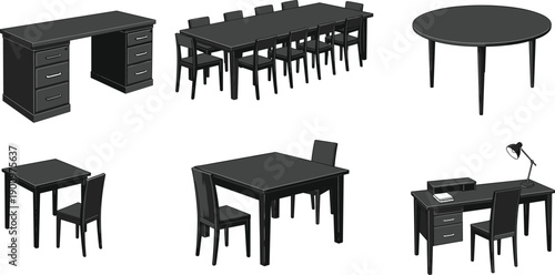 table and desk furniture set, office and dining tables, modern wooden furniture, workspace interior elements, chair desk combinations