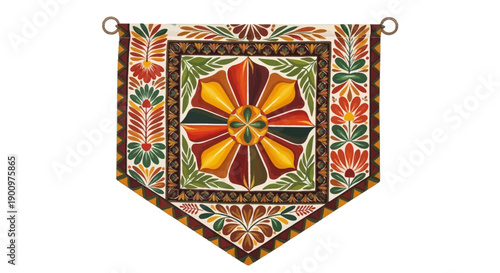 Colorful embroidered textile banner design.