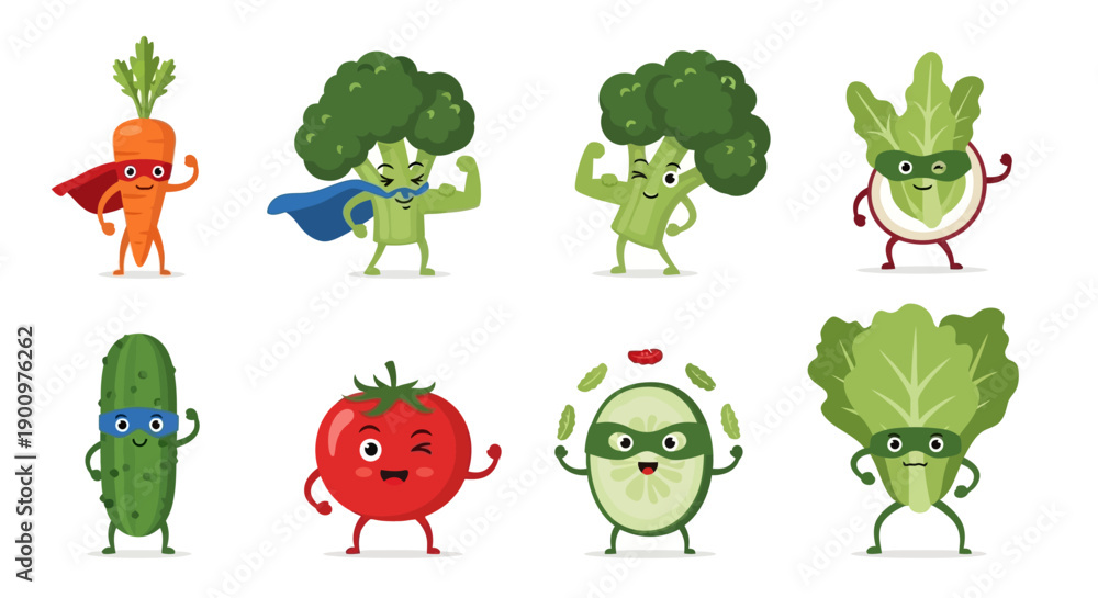 Obraz premium Cartoon Vegetables in Superhero Costumes Showcasing Fitness and Strength in a White Background Illustration